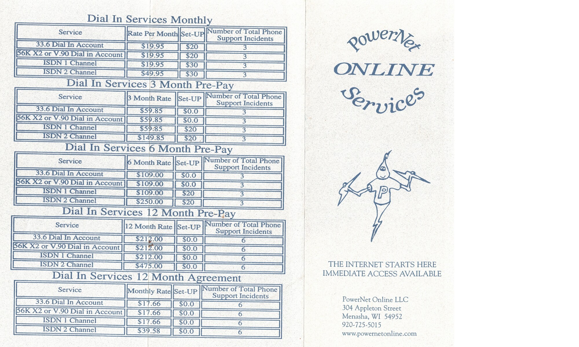 Blue PowerNet brochure with the dial-in rate tables and Sparky cover