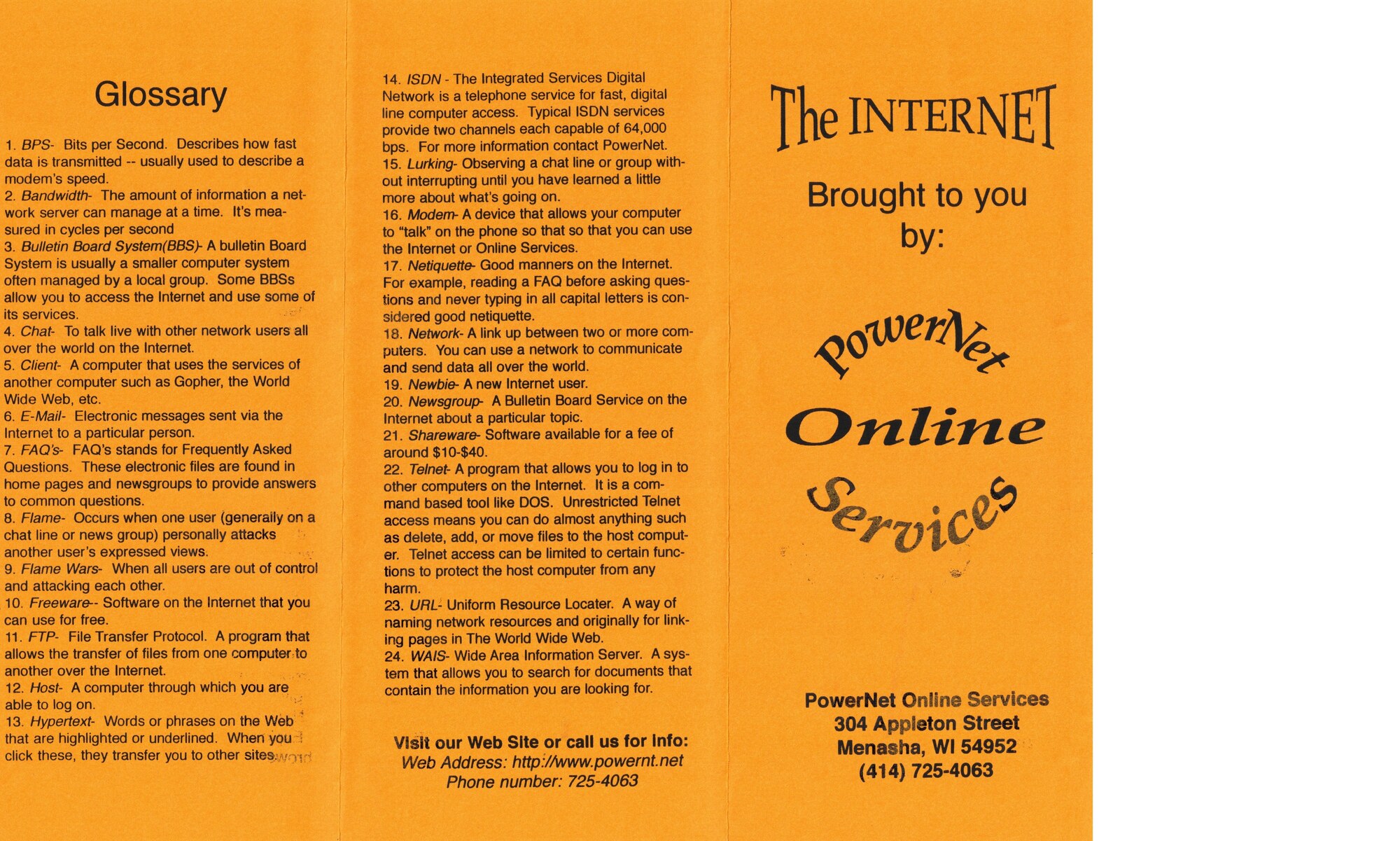 Orange powernt.net brochure with glossary