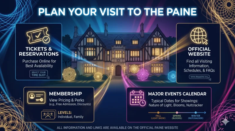 Decorative infographic titled “Plan Your Visit to the Paine” with panels for tickets, membership, and events
