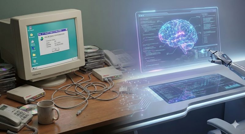 A 1990s beige desktop computer showing a dial-up connection beside a glowing holographic AI brain and a robotic hand, contrasting the 1996 internet with 2026 AI