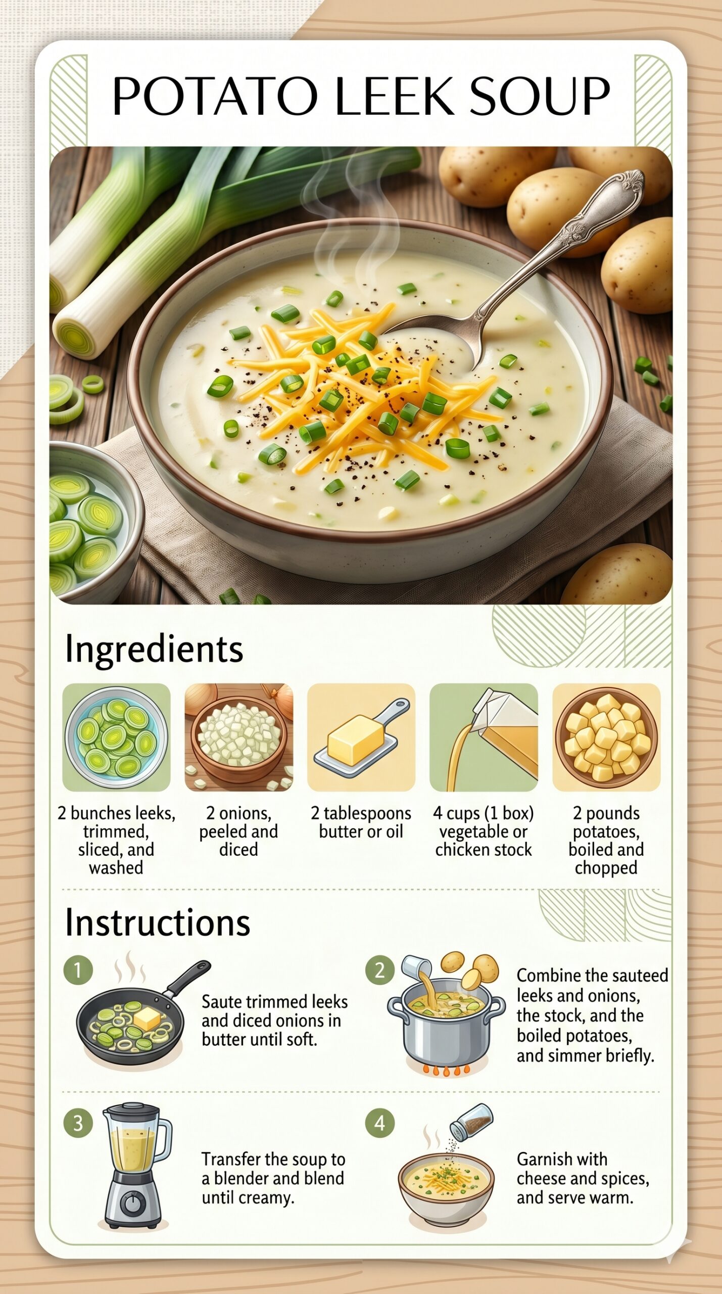 Potato leek soup recipe card showing a bowl of creamy blended potato and leek soup topped with shredded cheese and green onion, beside the ingredient list and step-by-step instructions.