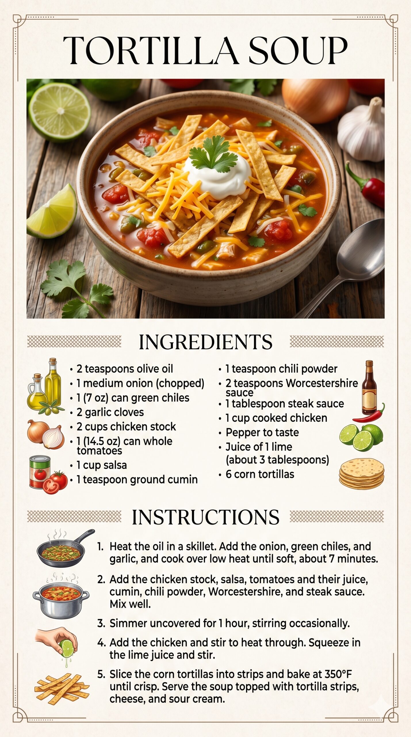 Tortilla soup recipe card showing a bowl of red tomato-based soup topped with crispy tortilla strips, shredded cheese, sour cream, and cilantro, beside the ingredient list and step-by-step instructions.