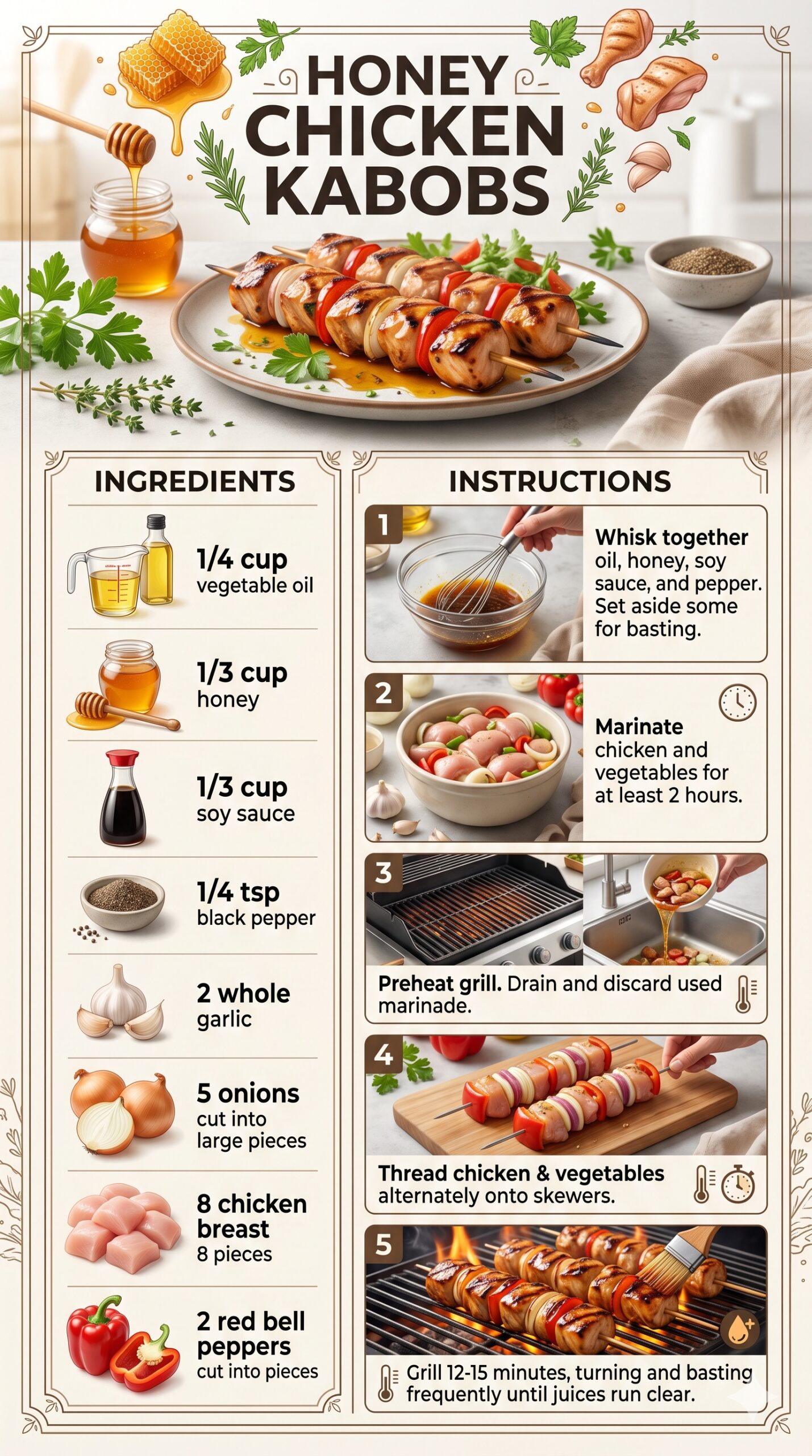 Honey chicken kabobs recipe card showing grilled skewers of chicken, onion, and red pepper glazed in a honey-soy marinade, beside the ingredient list and step-by-step instructions.