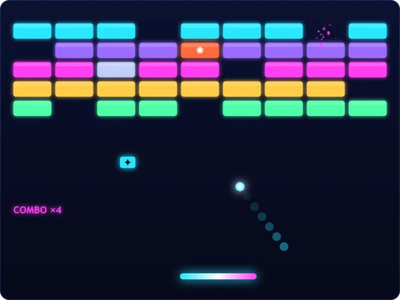 Ricochet gameplay - a glowing ball ricochets into a wall of neon bricks above a cyan-to-magenta paddle, with a multi-ball power-up falling