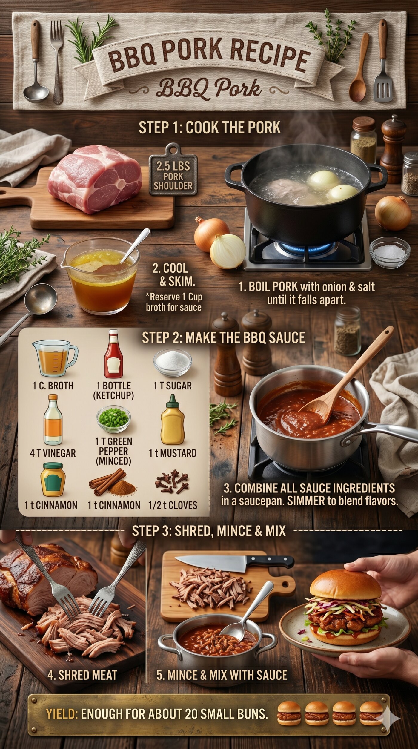 Nan's BBQ pork recipe card showing shredded barbecue pork piled on a bun, beside the ingredient list and step-by-step instructions.