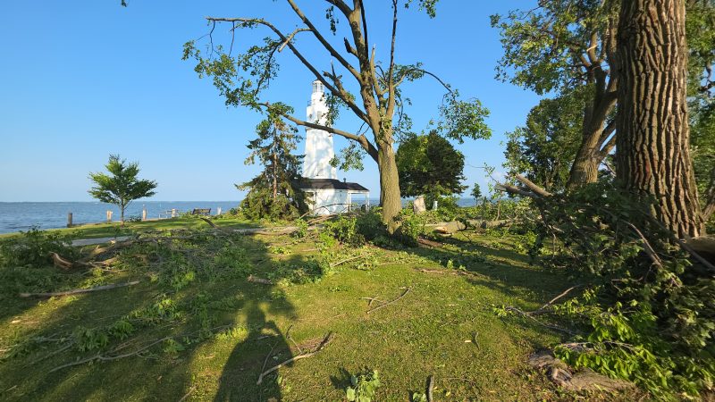 The Kimberly Point Lighthouse standing intact by Lake Winnebago, a large tree in the foreground stripped of a limb after the tornado