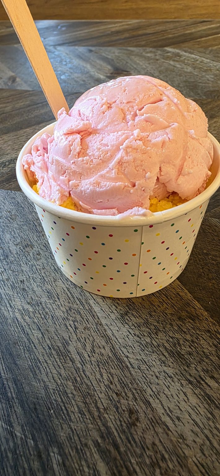 A cup of strawberry and sweet corn ice cream from Creekside Creamery in Hortonville, Wisconsin