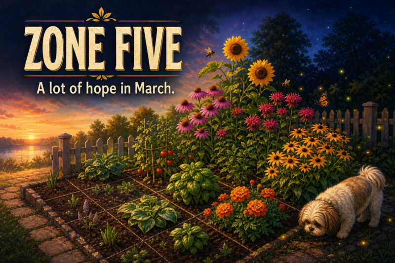 Zone Five garden game art: a five by five garden at golden hour turning into a firefly dusk